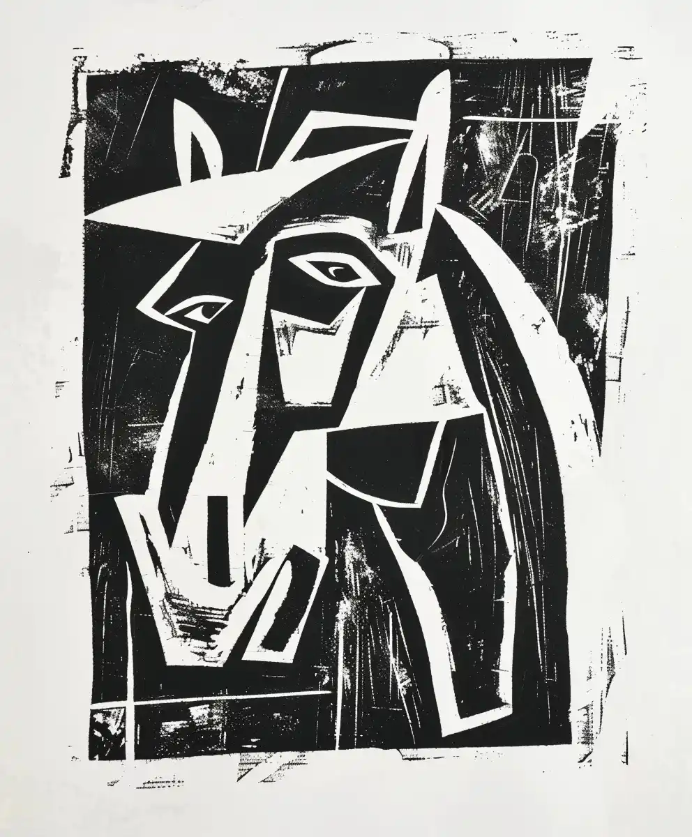 Cubist Horseman Lino Cut Midjourney提示词