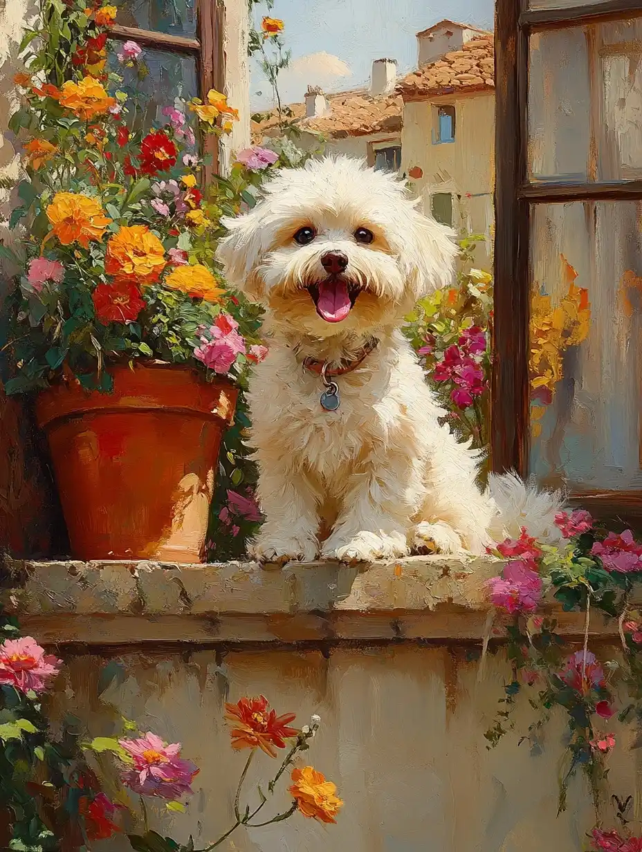 Bichon Frise in Courtyard Midjourney 提示词生成效果