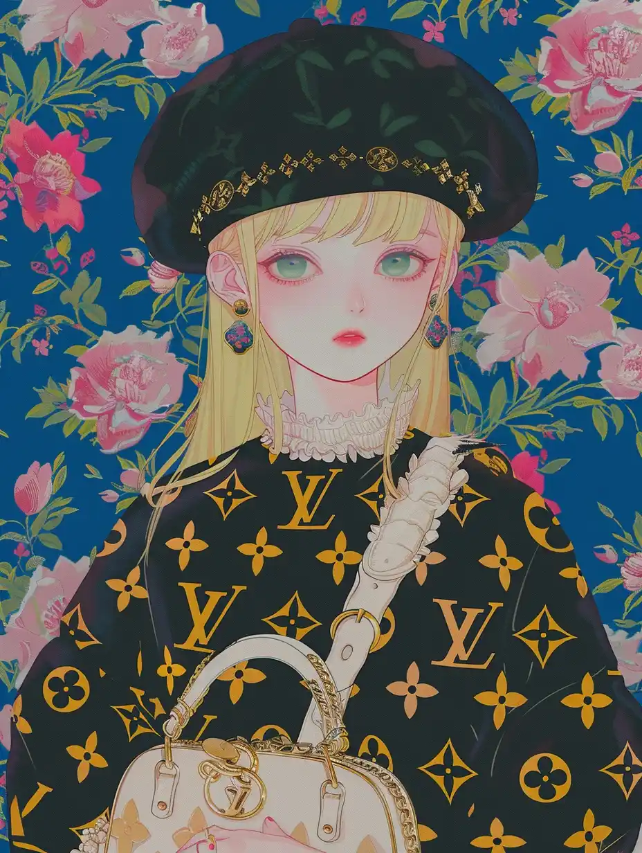 Anime Girl in LV Beret Midjourney提示词