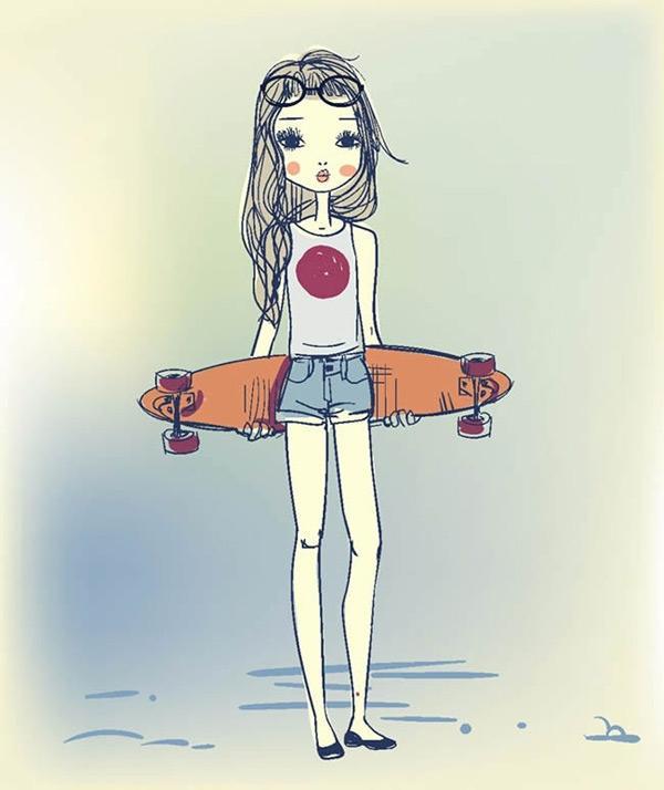 拿着滑板的女孩