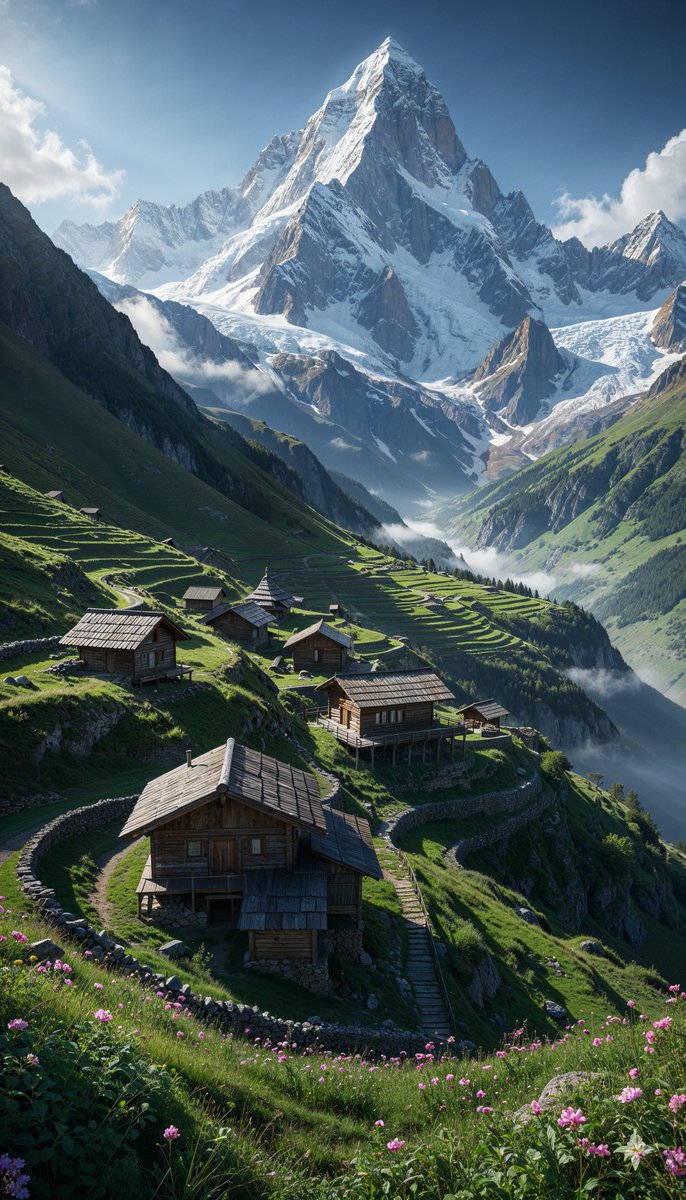 Alpine Village & Majestic Snow-Capped Mountains Landscape Nano Banana提示词