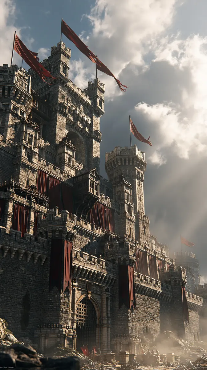 Realistic Medieval Stone Fortress Midjourney提示词