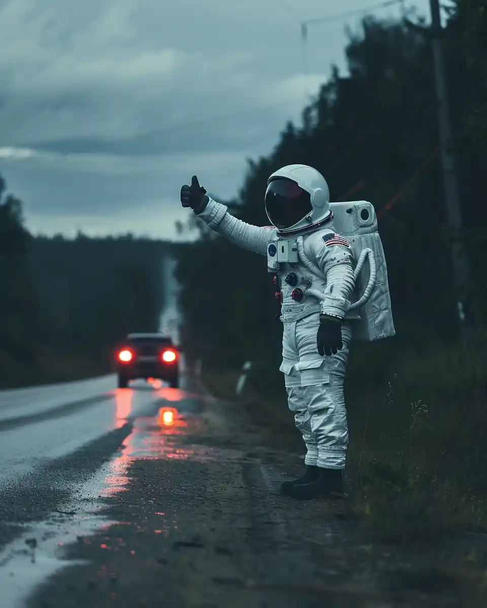 Astronaut Hitchhiker Roadside Candid Midjourney提示词