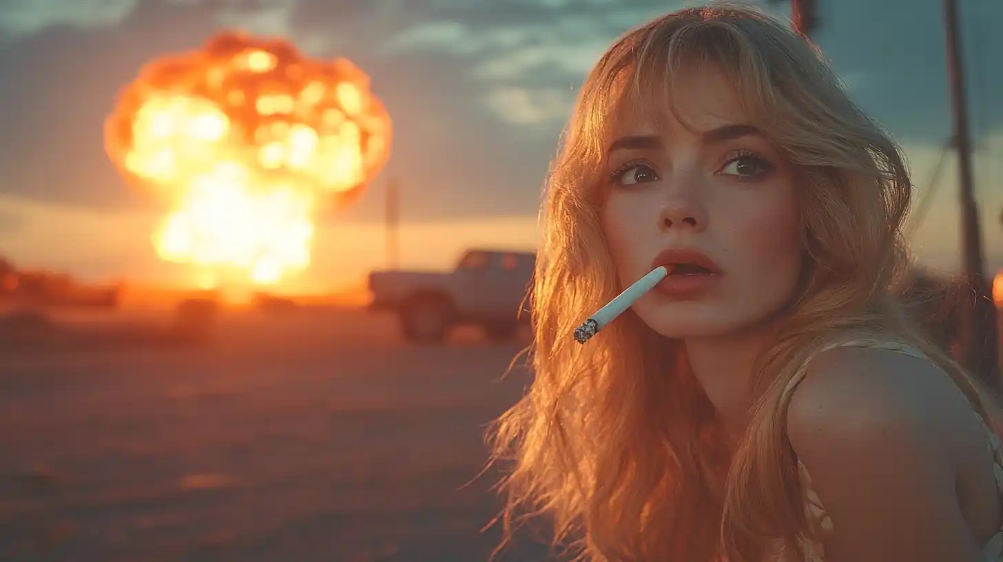 Cinematic Woman Watching Explosion Midjourney提示词