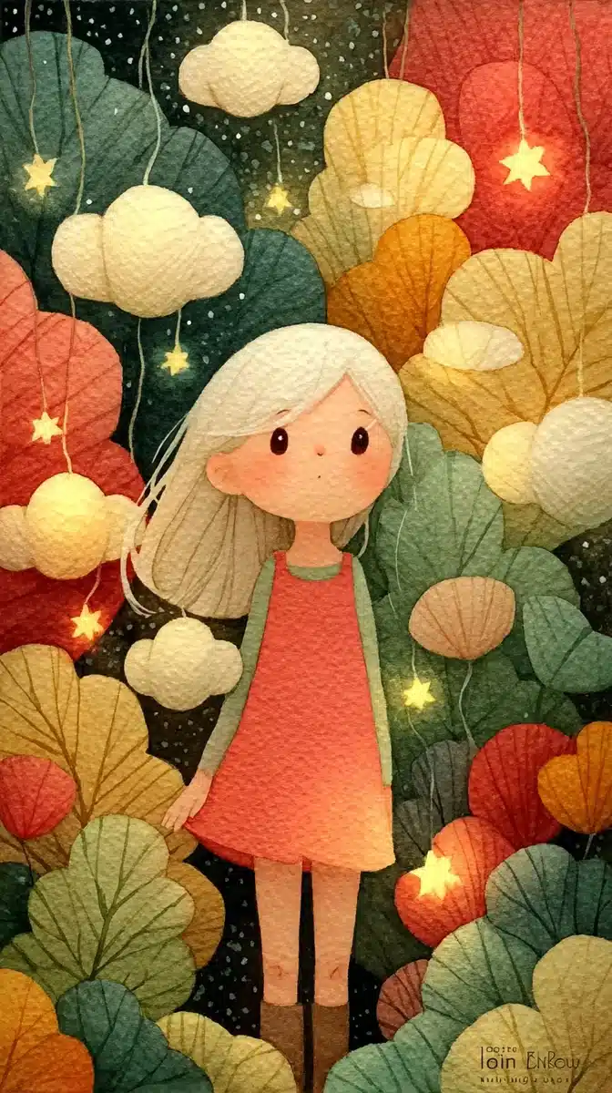 Cartoon Girl Under Lantern Midjourney提示词