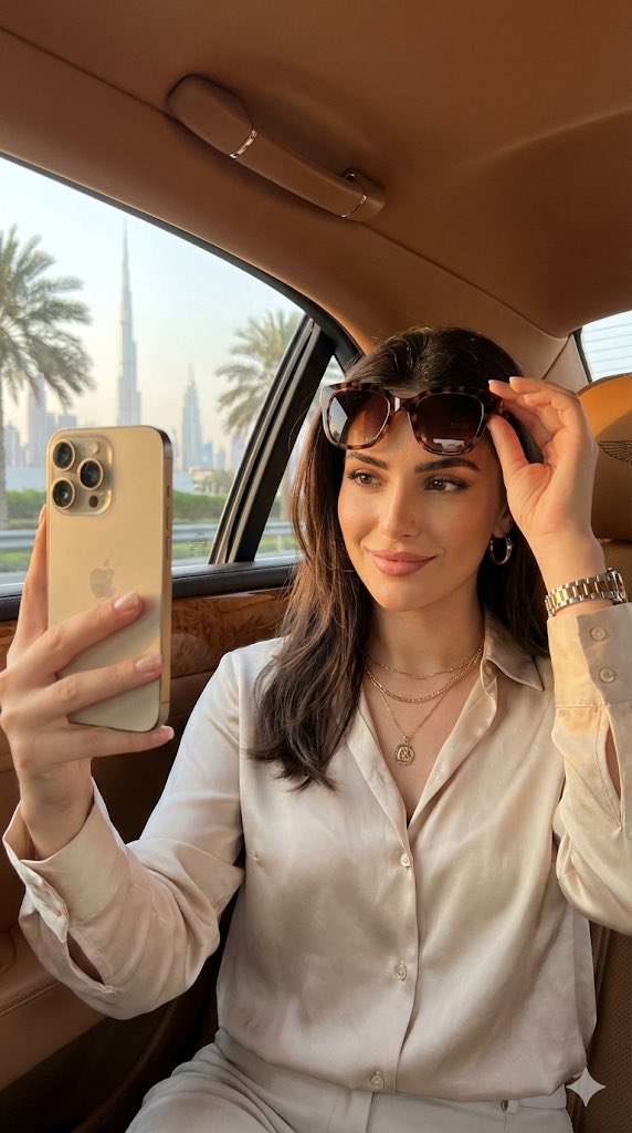 Stylish Woman Selfie in Dubai Car | Burj Khalifa View Nano Banana提示词