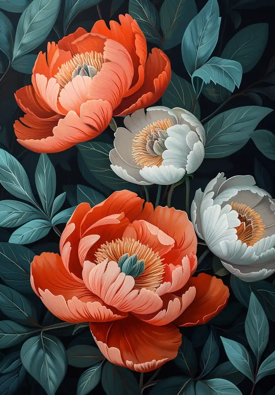 Detailed Gouache Peonies Midjourney提示词