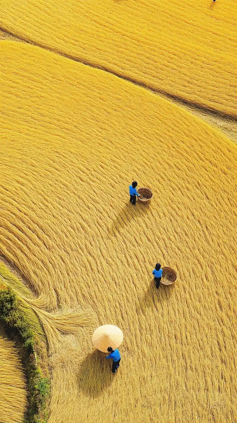 Aerial Harvest in Rice Fields Midjourney提示词