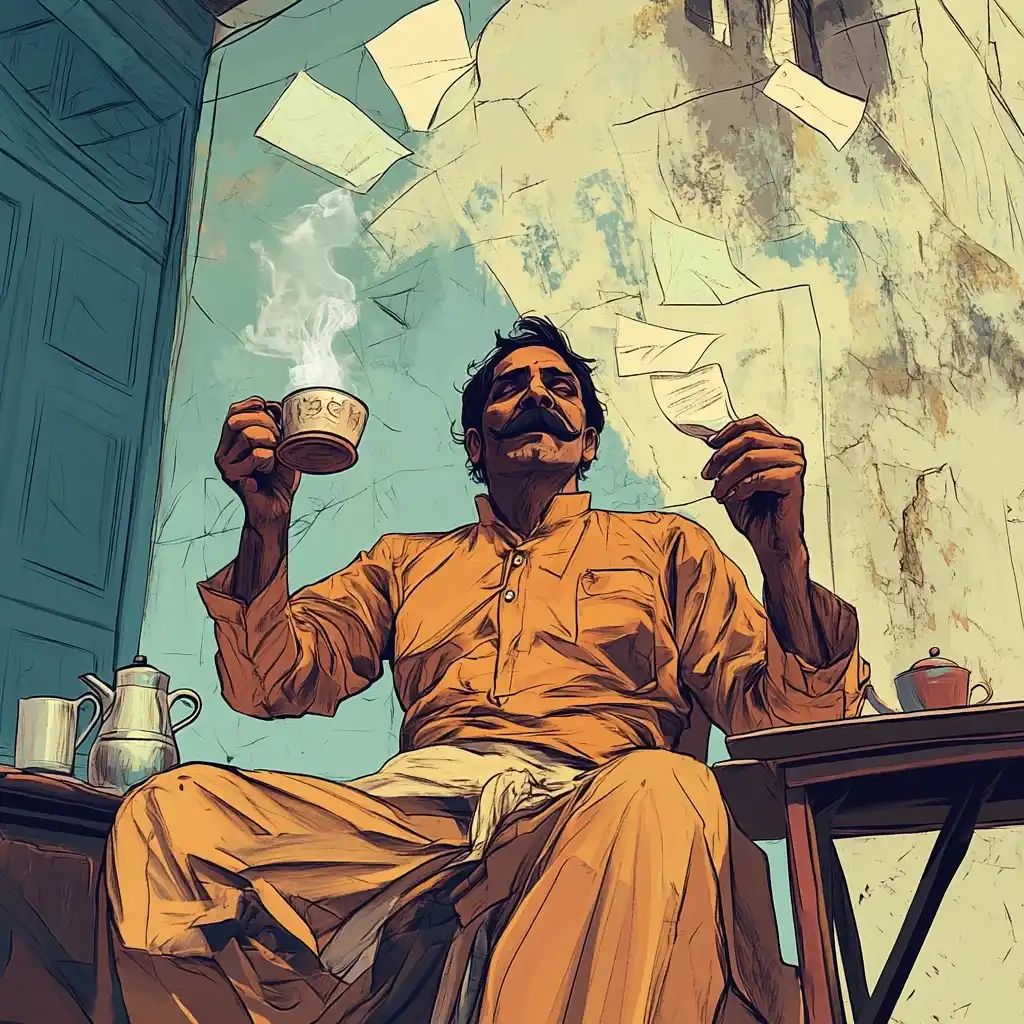 Illustrated Man at Chai Stall Midjourney提示词