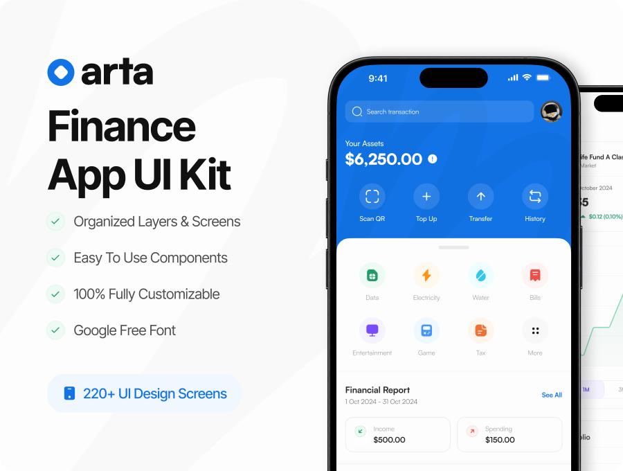 Arta - Finance App UI Kit 220+高品质的金融应用UI工具包设计