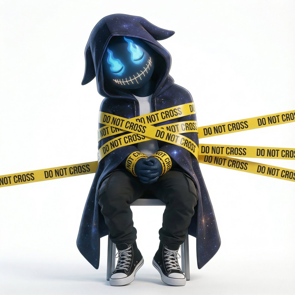Mysterious Hooded Character Bound by Caution Tape 3D Art Nano Banana提示词