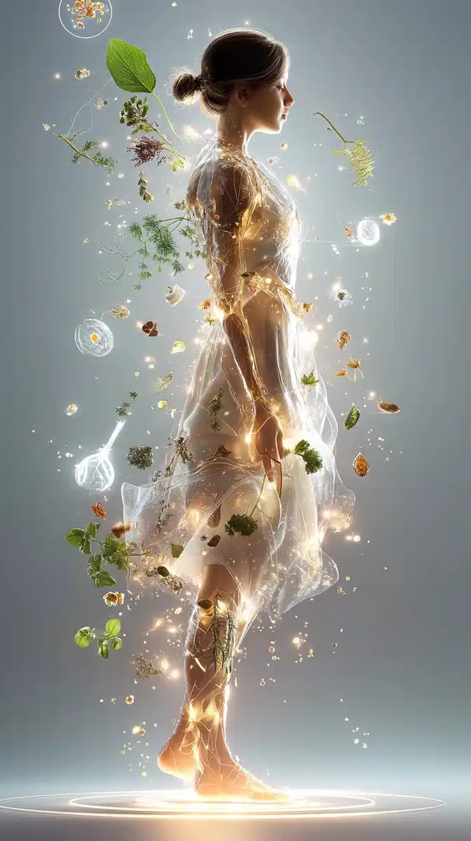 Liquid Light Figure with Herbs Midjourney提示词