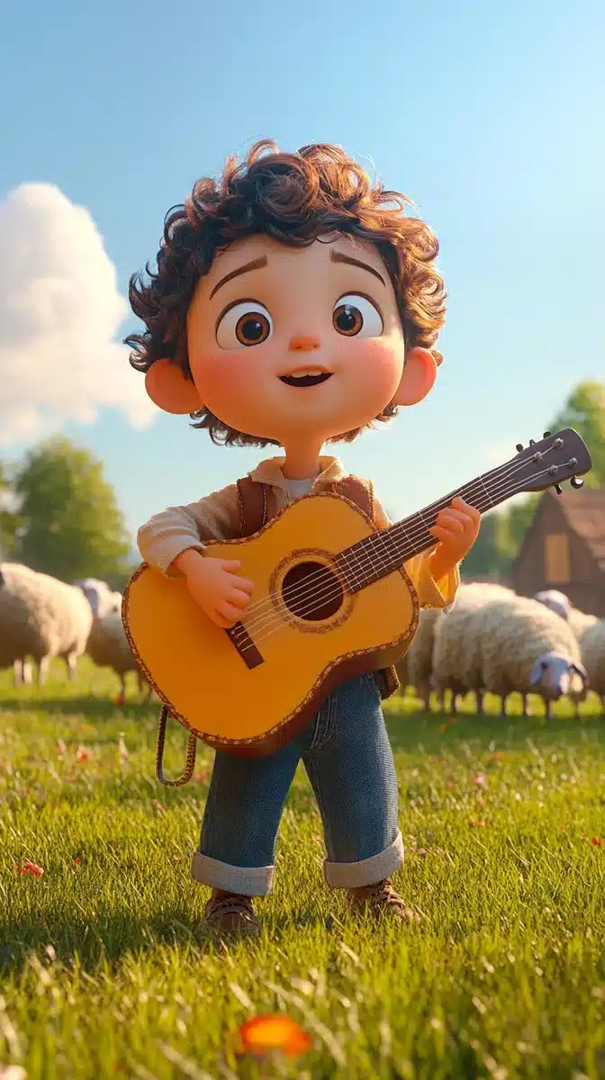 Cartoon Boy Singing Guitar Midjourney提示词