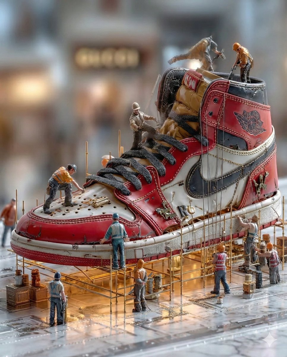 Miniature Construction on Air Jordan 1 Sneaker Art Diorama Nano Banana提示词