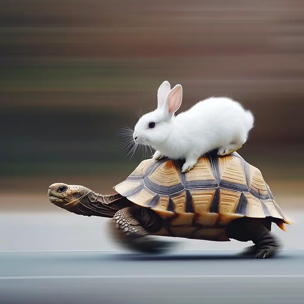 Speeding Tortoise with Rabbit Midjourney提示词