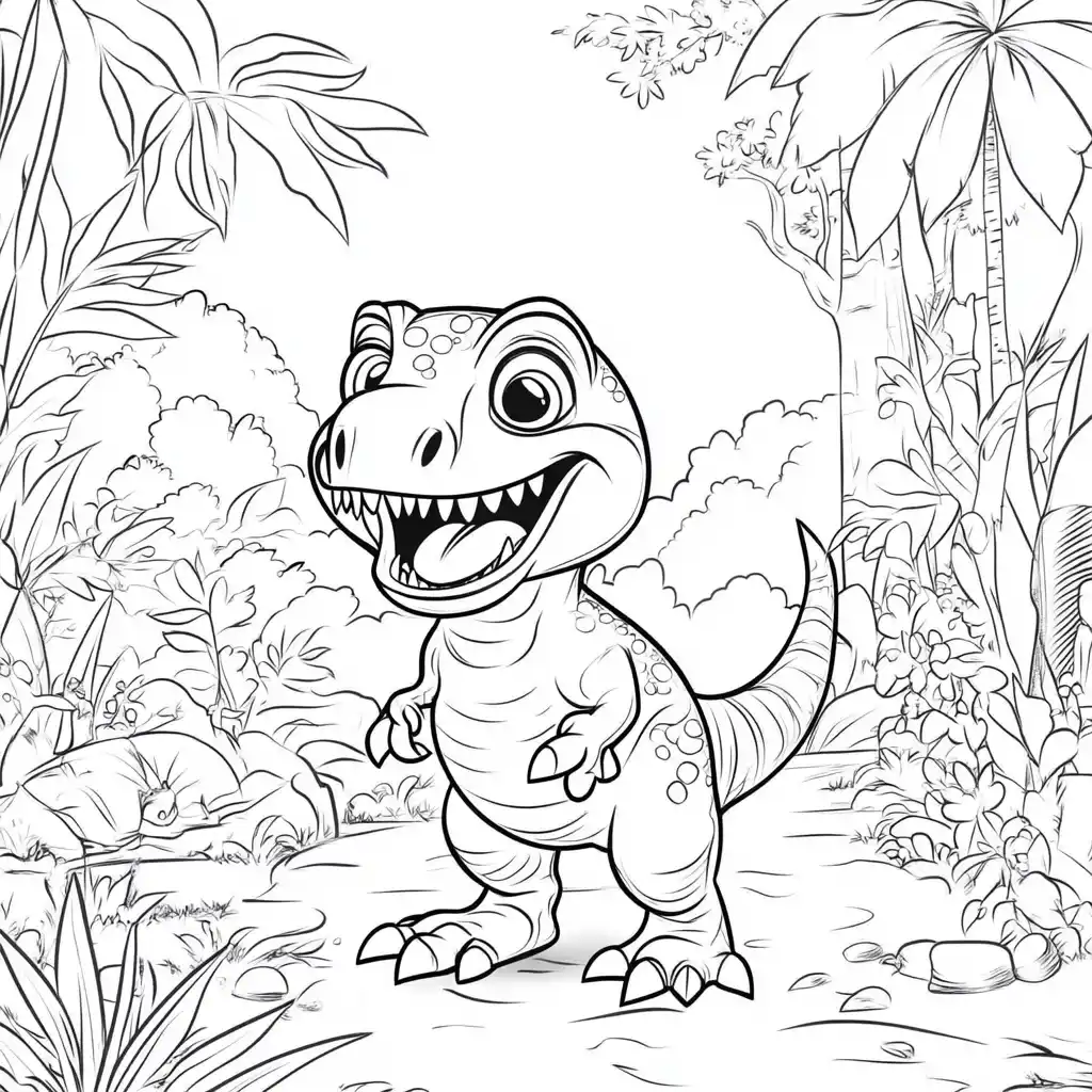 Cartoon T-Rex Coloring Page Midjourney提示词