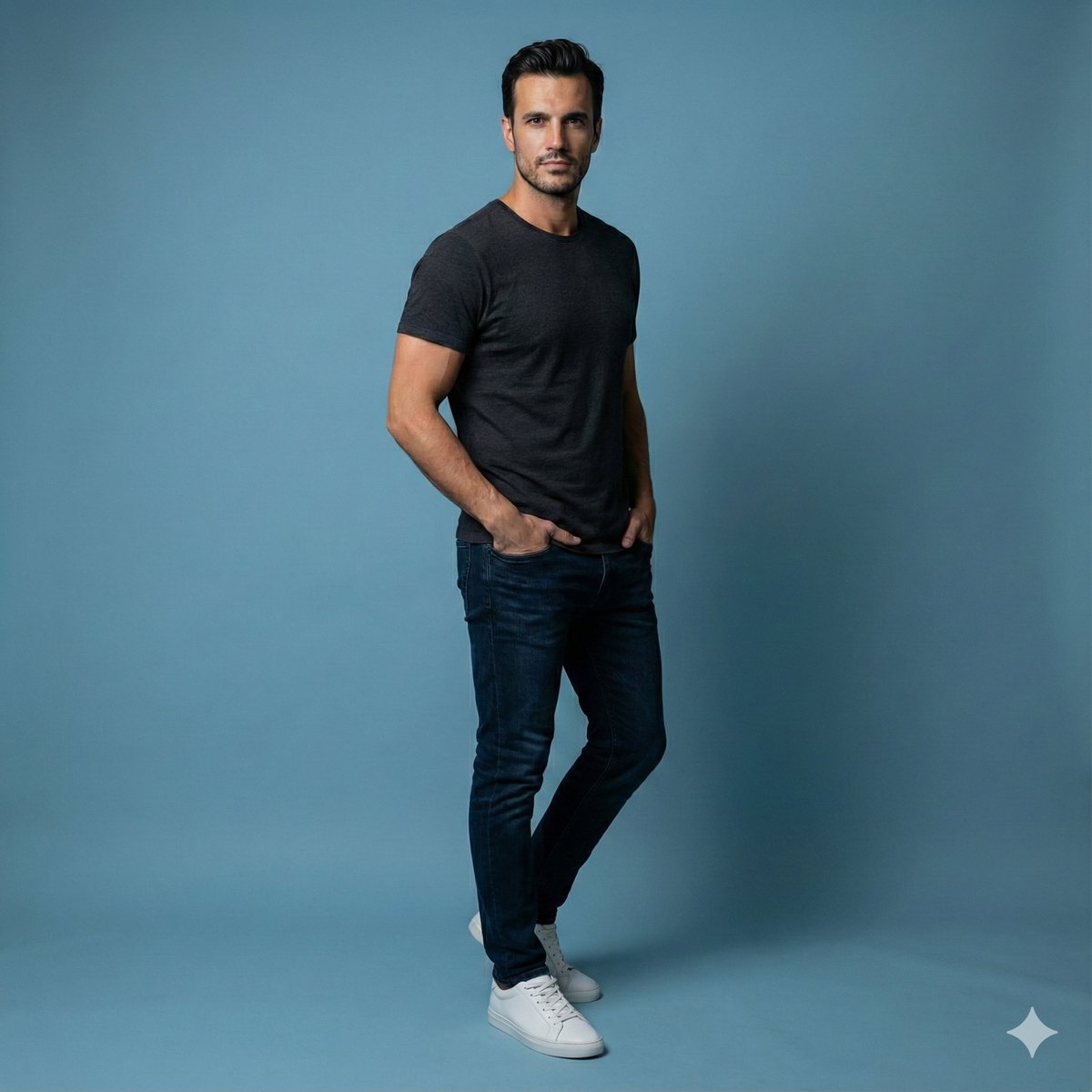 Modern Men's Casual Fashion: T-shirt, Jeans & White Sneakers Nano Banana提示词