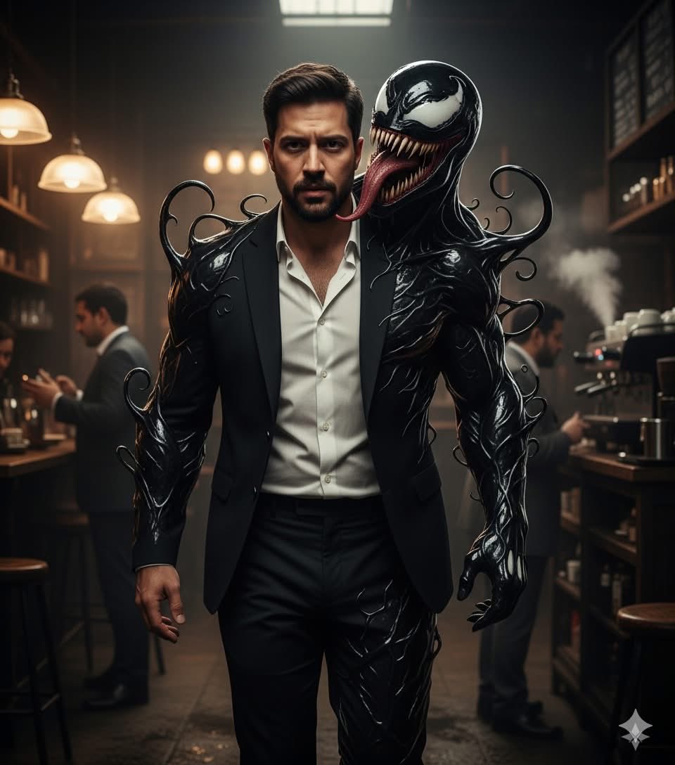 Man with Venom Symbiote: Dark Cinematic Character Design Nano Banana提示词