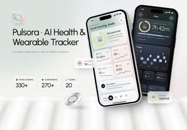 AI健康与穿戴追踪iOS UI套件（Figma），Pulsora – AI Health & Wearable Tracker iOS UI Kit (Dark & Light)