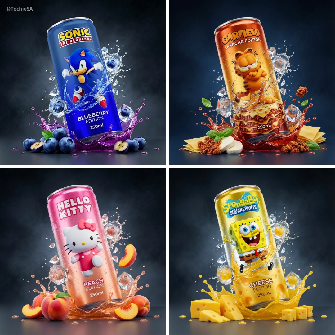 Branded Beverage Cans: Sonic, Garfield, Hello Kitty, Spongebob Nano Banana提示词