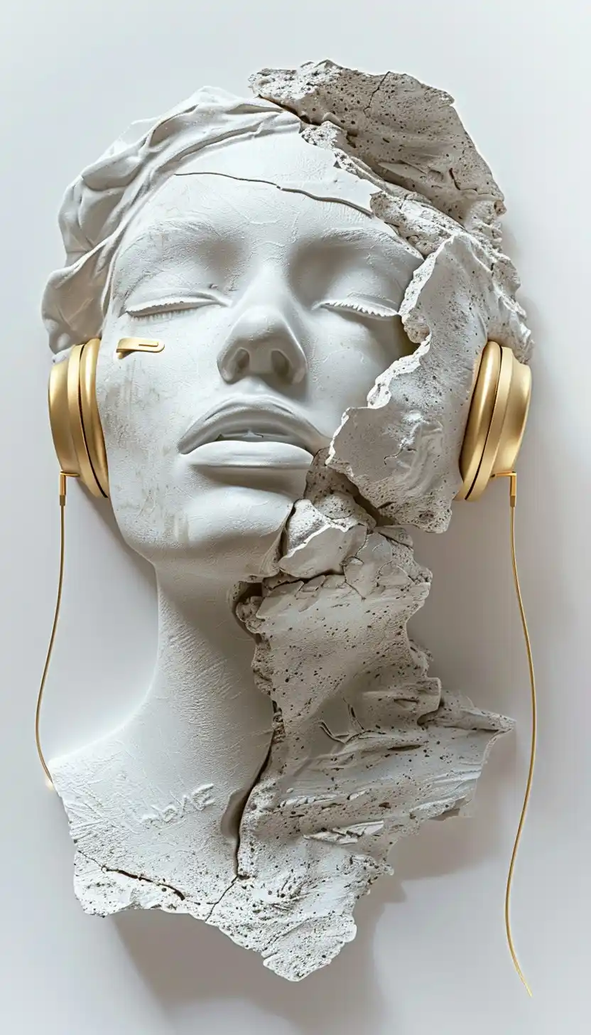 Stone Woman with Gold Headphones Midjourney提示词