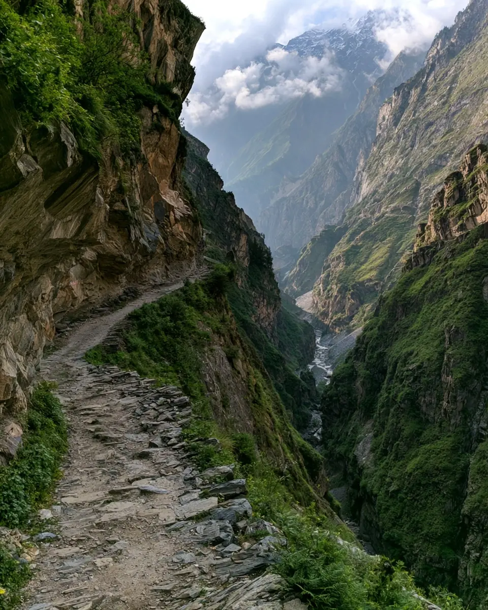 Perilous Mountain Ravine Pathway Midjourney提示词