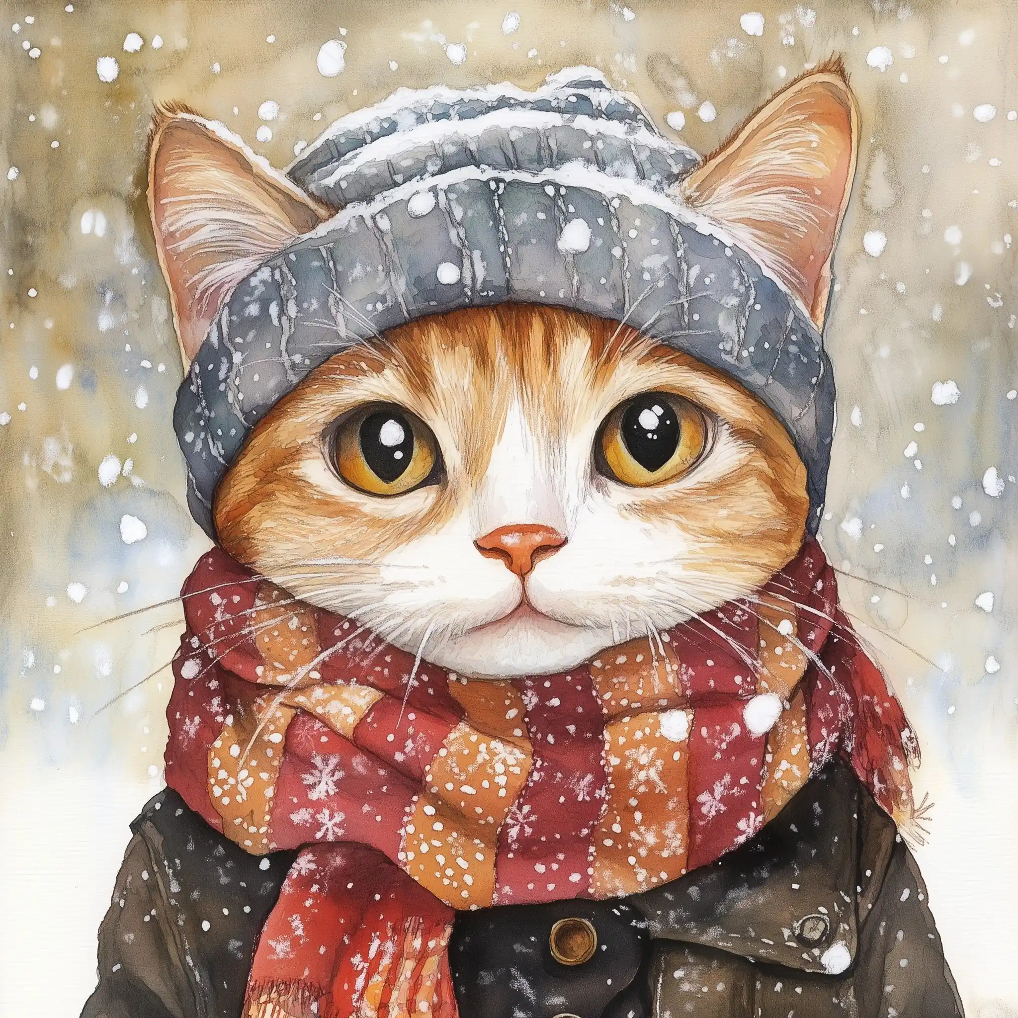 Watercolor Singapura Cat Winter Midjourney提示词