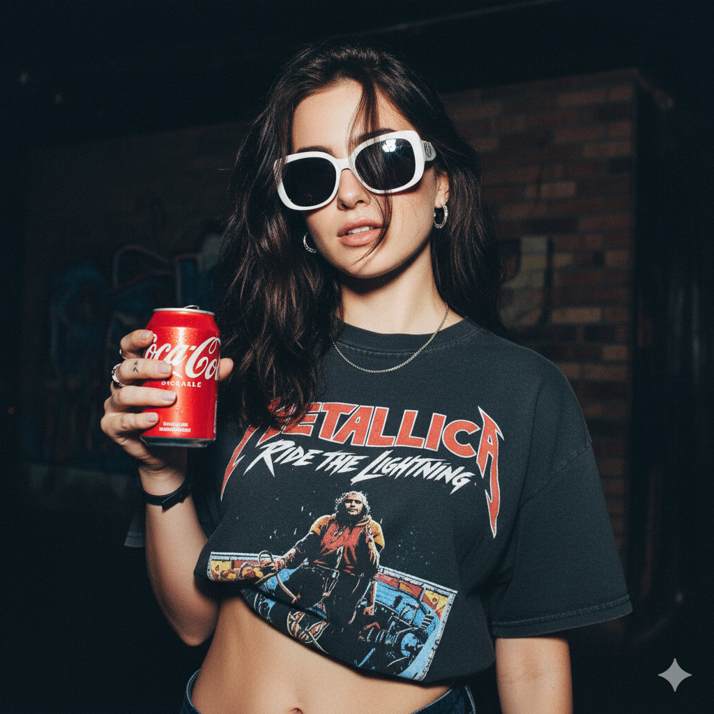 Urban Portrait: Young Woman, Metallica Shirt, Coca-Cola Can Nano Banana提示词