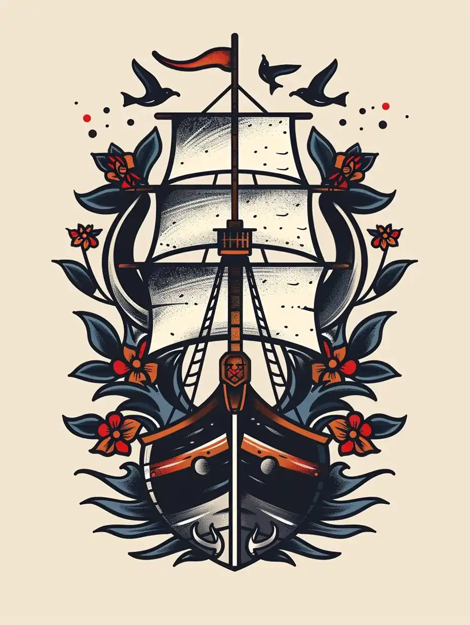 Nautical Tattoo Line Art Midjourney提示词