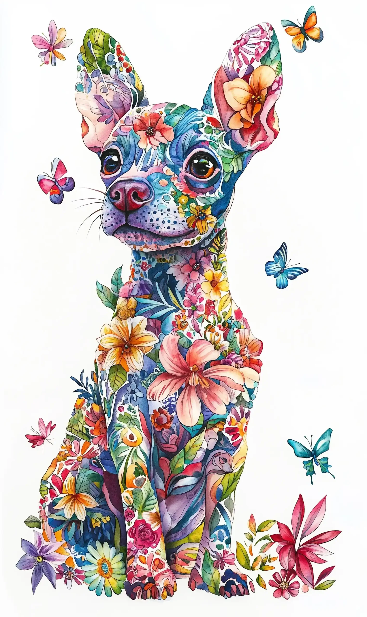 Watercolor Chiweenie Floral Tattoo Midjourney提示词