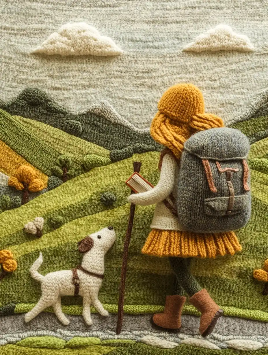 Knit Landscape with Girl Midjourney提示词