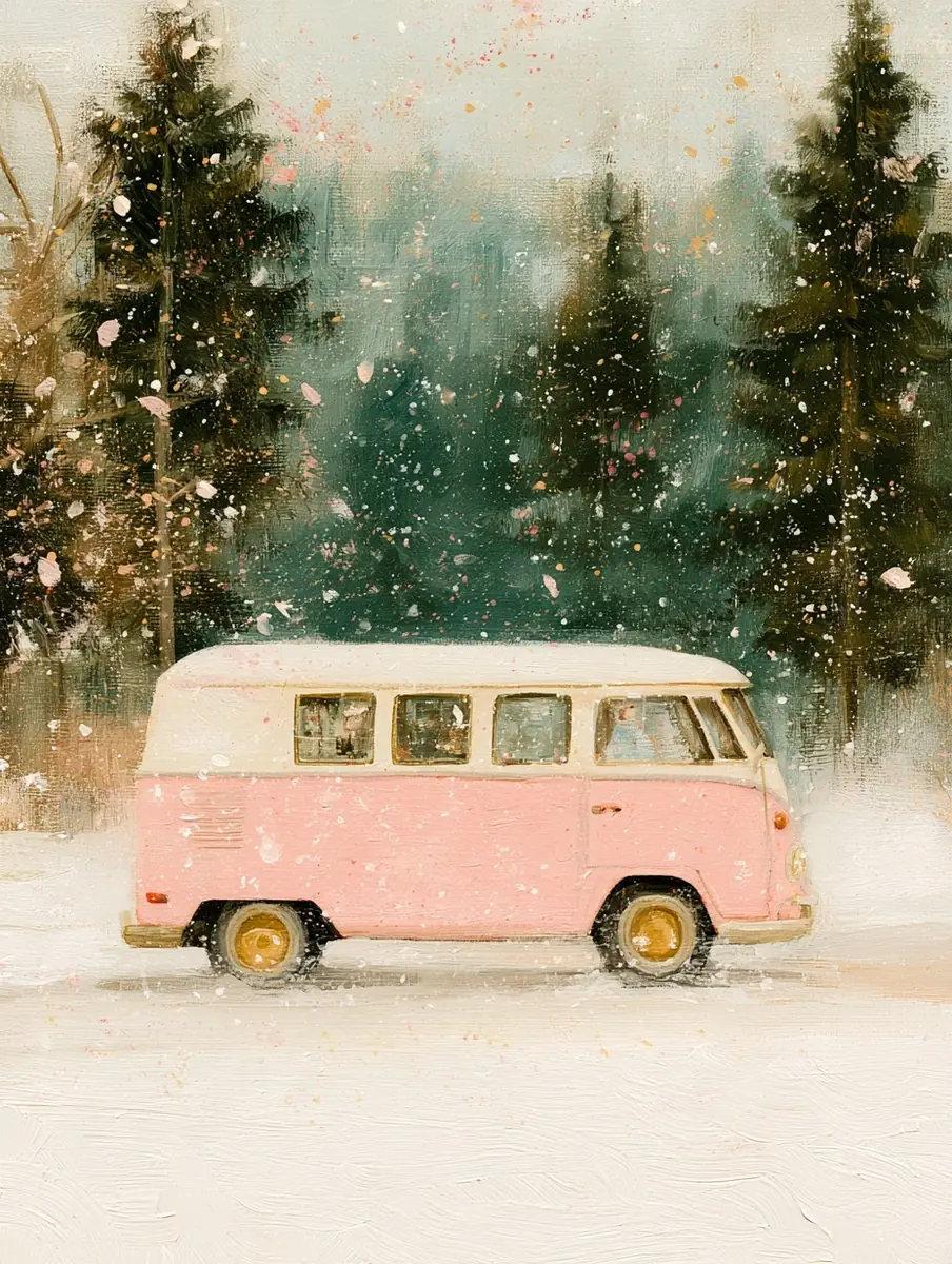 Vintage Painted Snowy Bus Midjourney提示词
