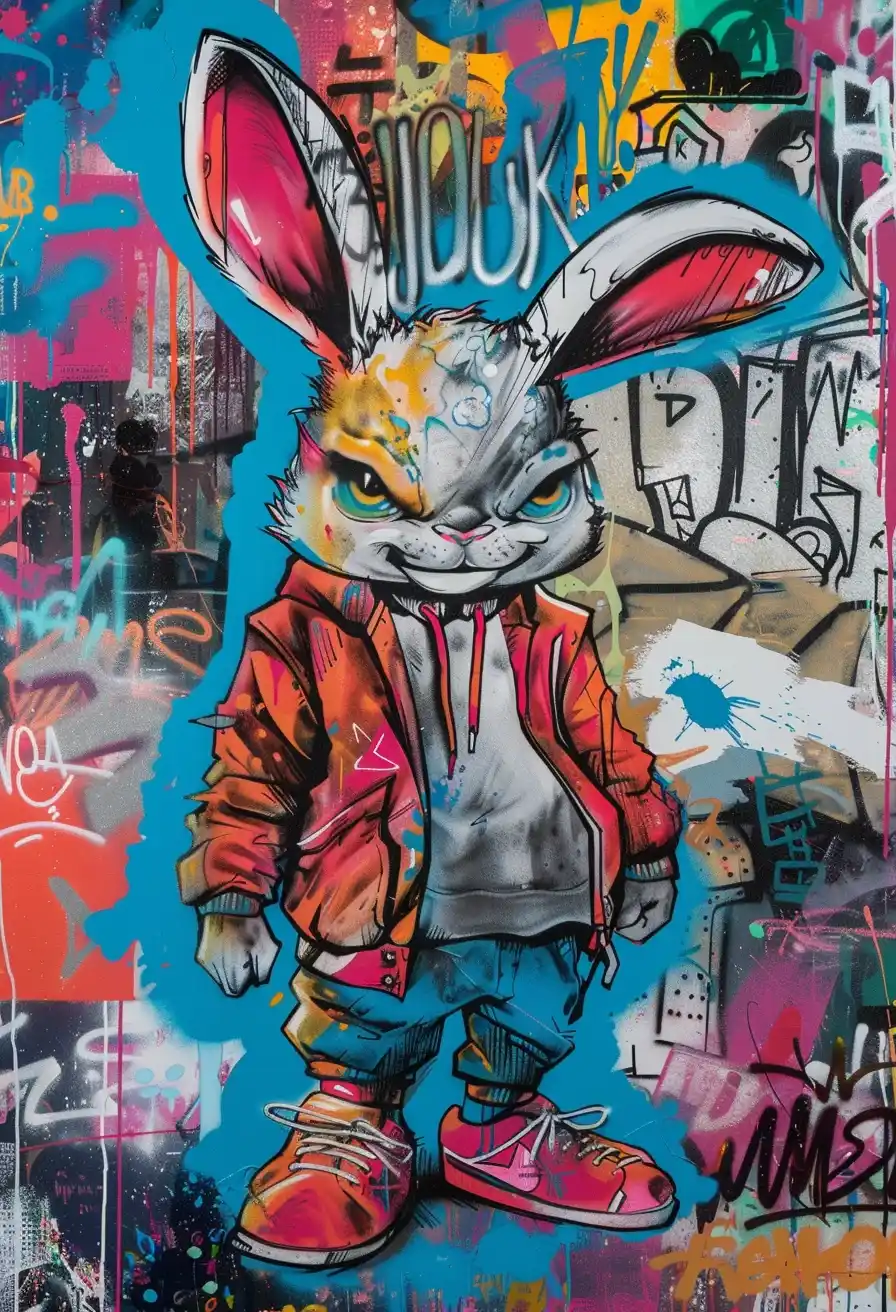 Graffiti Rabbit Wall Art Midjourney提示词