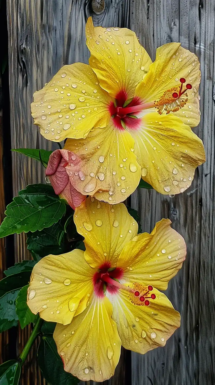Rain-Kissed Hibiscus Duo Midjourney提示词