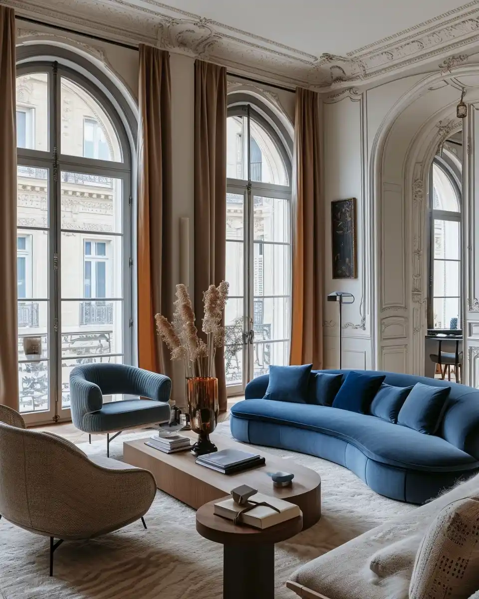 Azure Blue Living Room with Arched Window Midjourney提示词