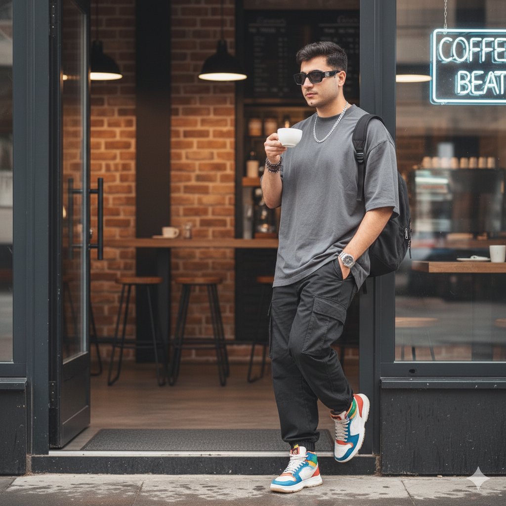 Man's Street Style at Modern Coffee Shop Entrance Nano Banana提示词