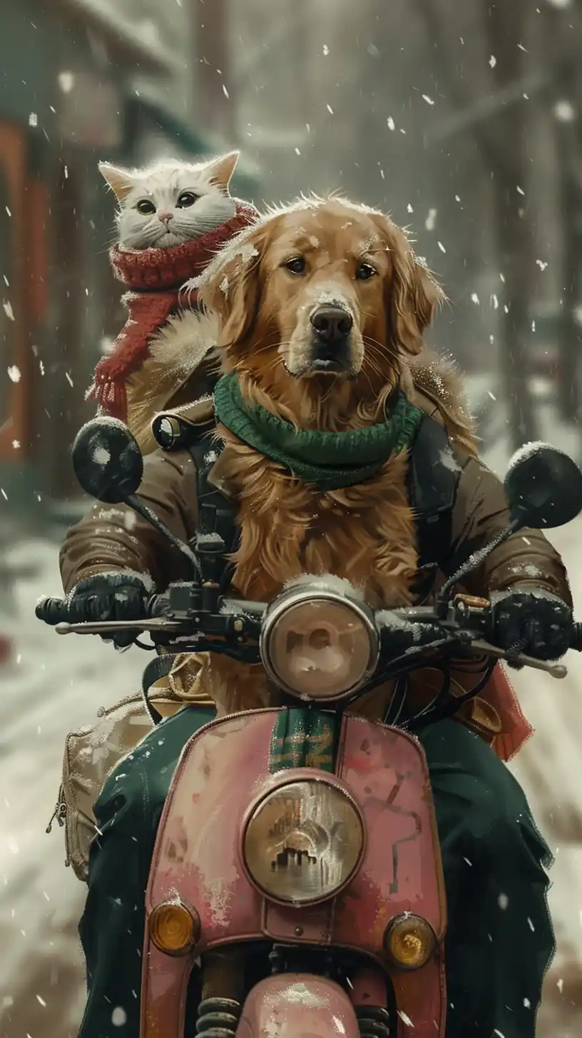 Golden Retriever Cat Motorcycle Ride Midjourney提示词