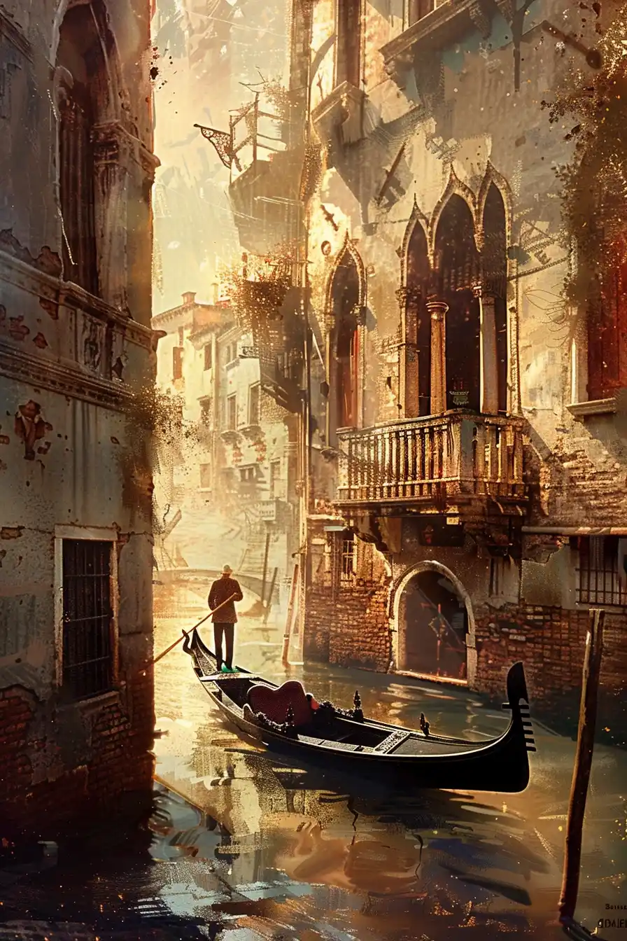 Vintage Venice Gondola Scene Midjourney提示词