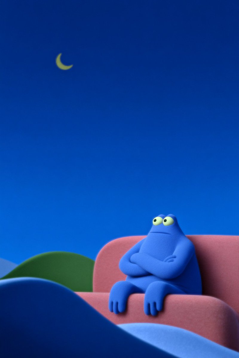 Pensive Blue Cartoon Character Under Crescent Moon | 3D Render Nano Banana提示词