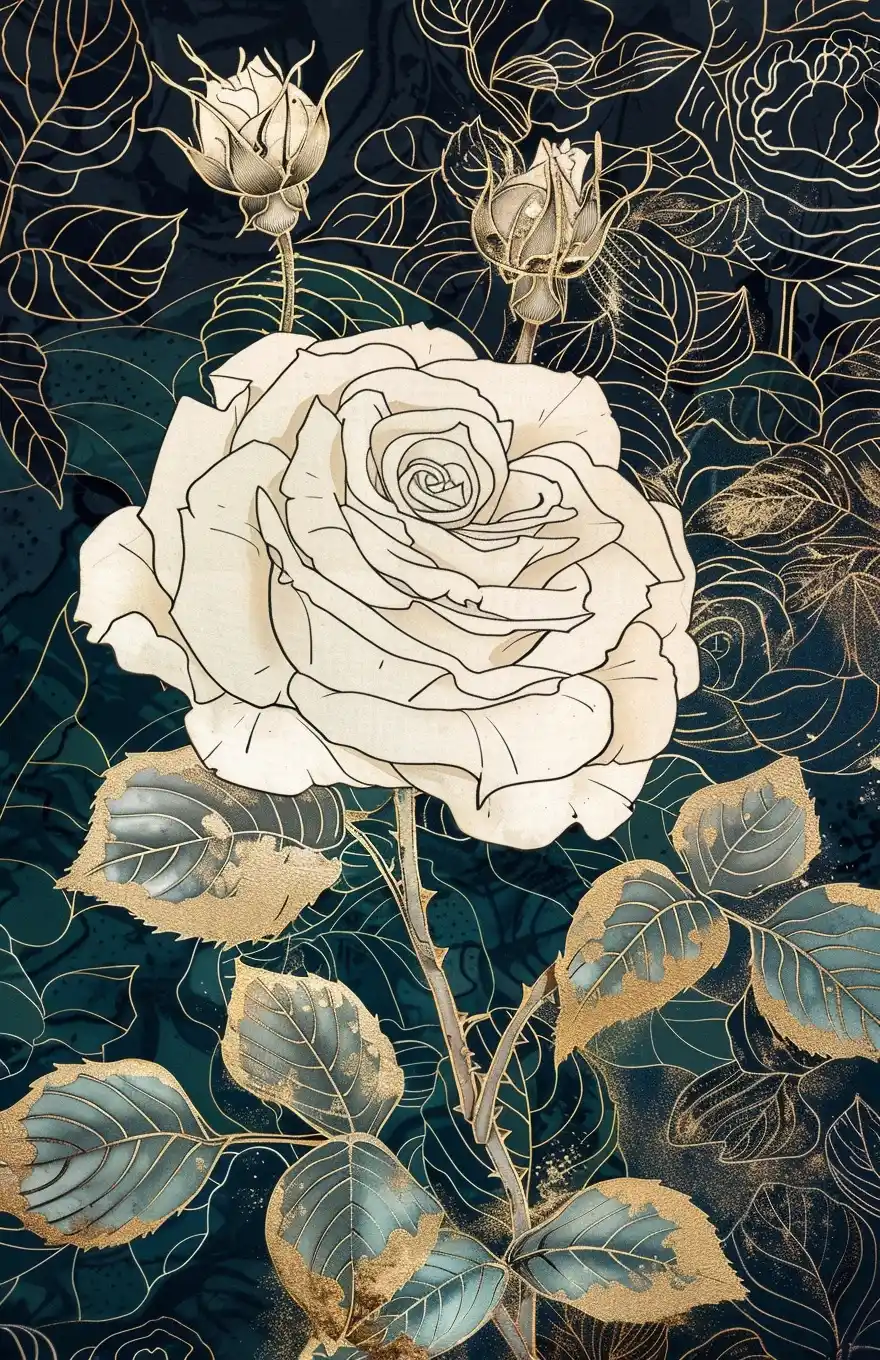 Japanese Gold Rose Woodblock Midjourney提示词