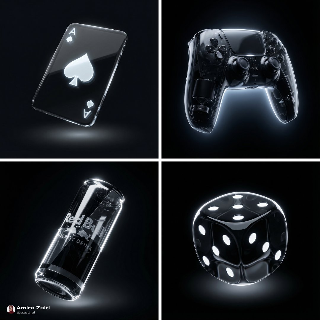 Glowing Transparent 3D Render Gaming & Lifestyle Products Nano Banana提示词