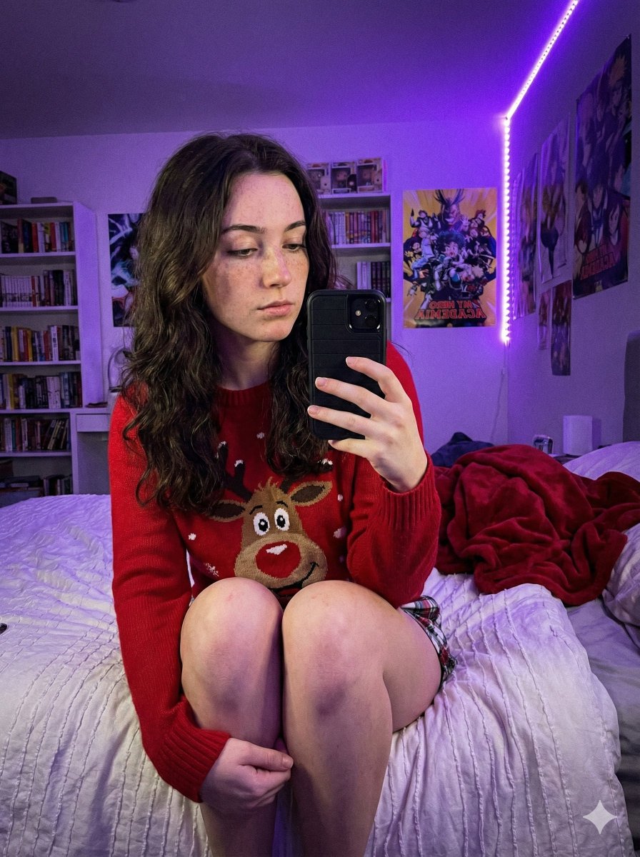Young Woman Christmas Sweater Selfie | Purple Bedroom Nano Banana提示词