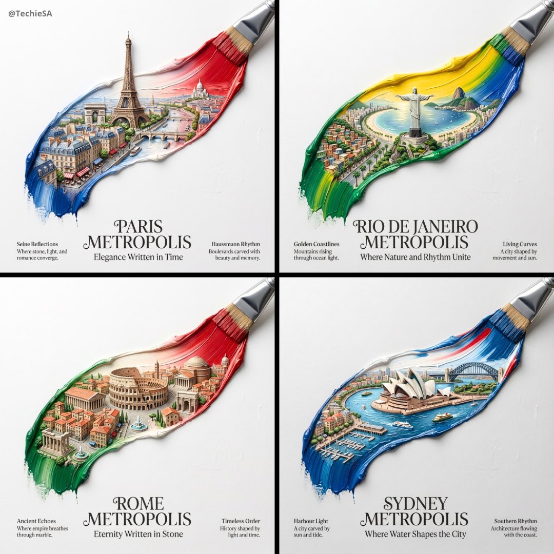 Vibrant World Cityscapes: Paris, Rio, Rome, Sydney Art Nano Banana提示词