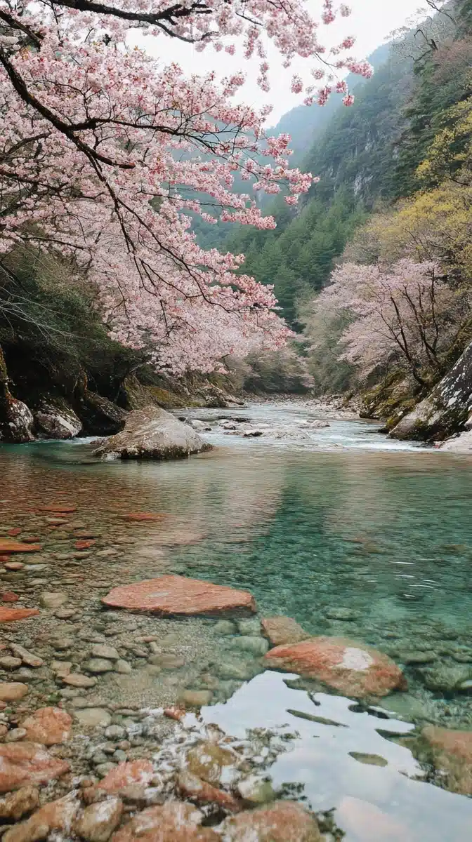 Cherry Blossom Canyon Landscape Midjourney提示词