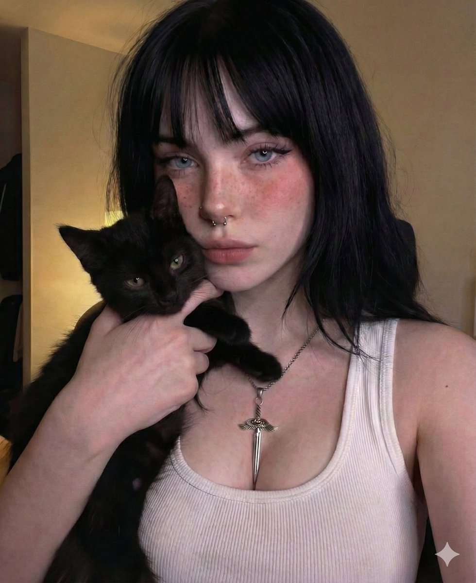 Moody Portrait: Dark Haired Woman with Black Cat & Piercings Nano Banana提示词