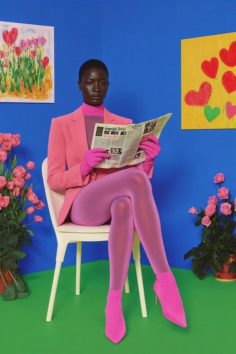 Vibrant Pink Fashion Model Reading Newspaper | Studio Shoot Nano Banana提示词