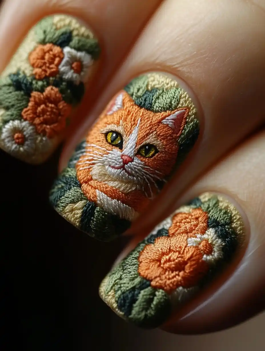 Embroidered Cat Nail Art Midjourney提示词