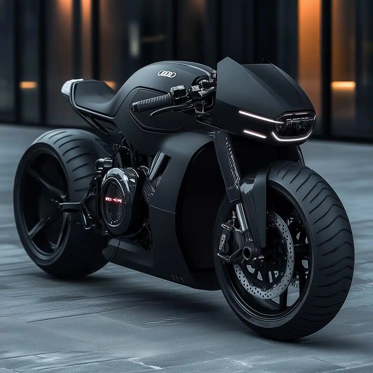 Matte Black Audi-Inspired Motorcycle Midjourney提示词