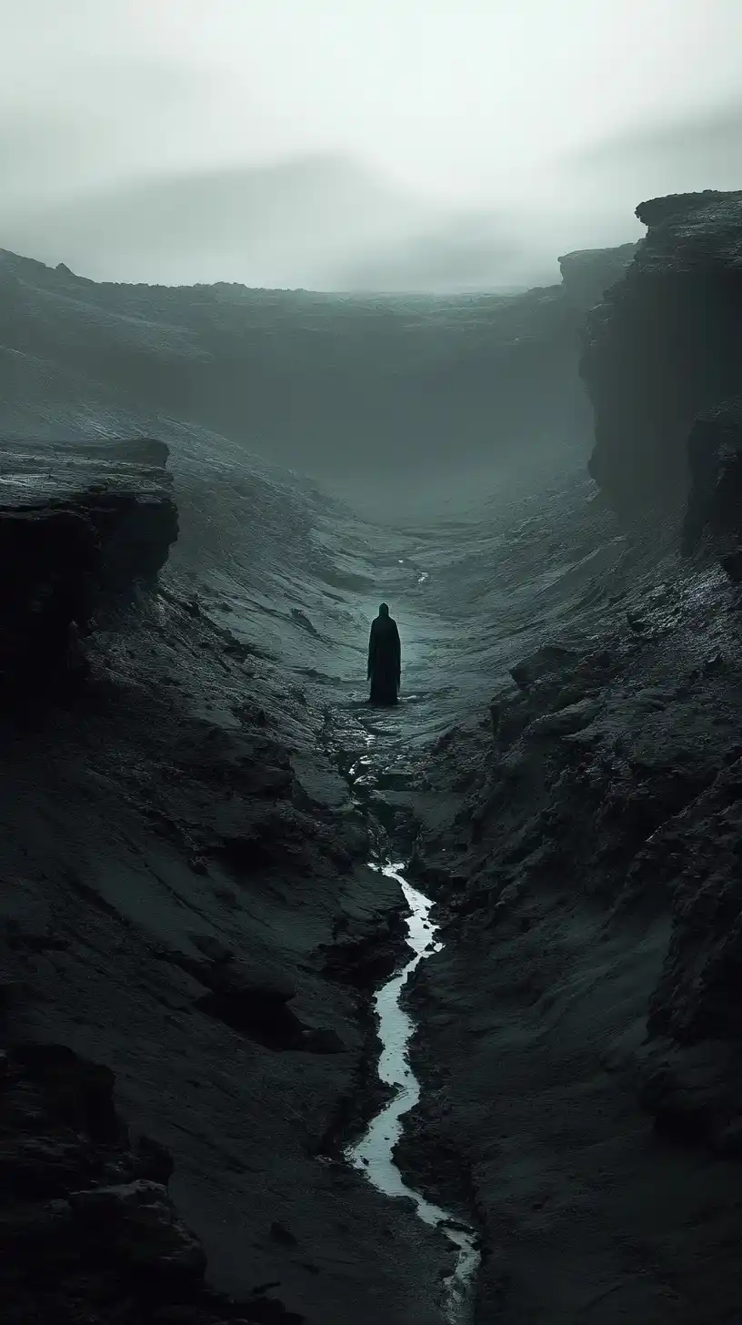 Desolate Landscape with Shadowy Figure Midjourney提示词