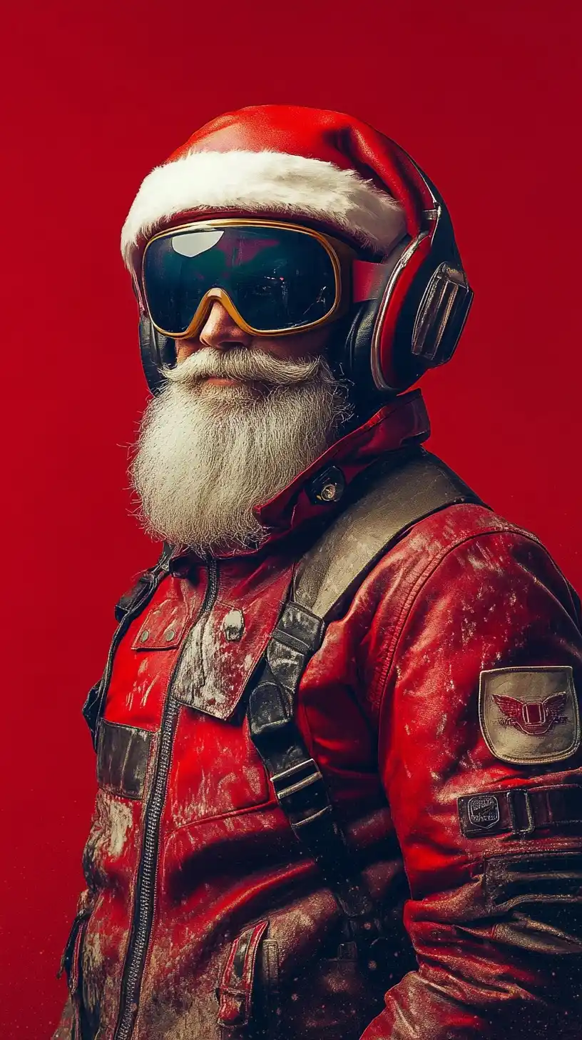 Hyperrealistic Biker Santa Portrait Midjourney提示词
